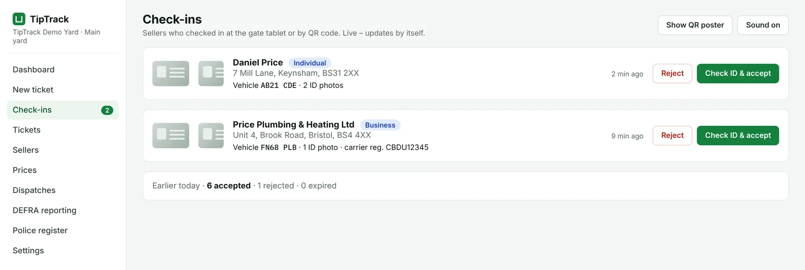 Check-ins screen with two sellers waiting to be accepted