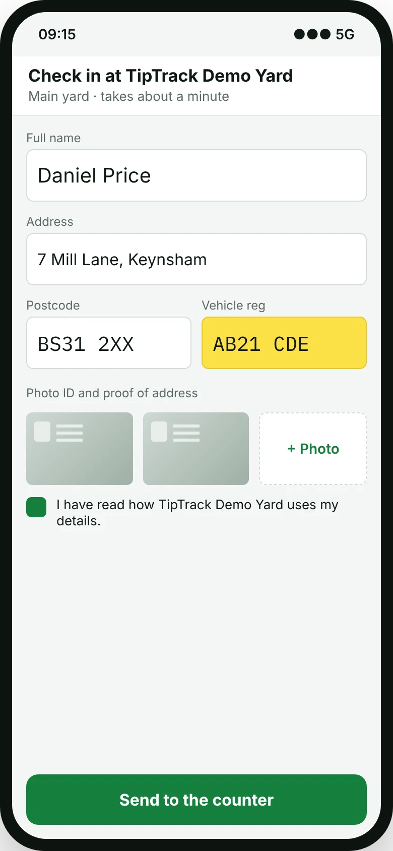 Seller check-in form on a phone with name, address, postcode, vehicle registration and ID photos